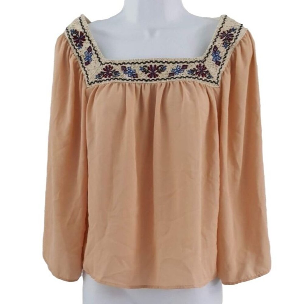Flying Tomato Boho Top Blouse Peach Small Embroidered Square Neck Polyester
